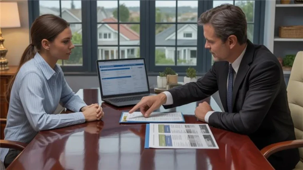 Consultation for Single Heir Inherited Property Solutions with advisor reviewing documents on laptop in office setting indoors.